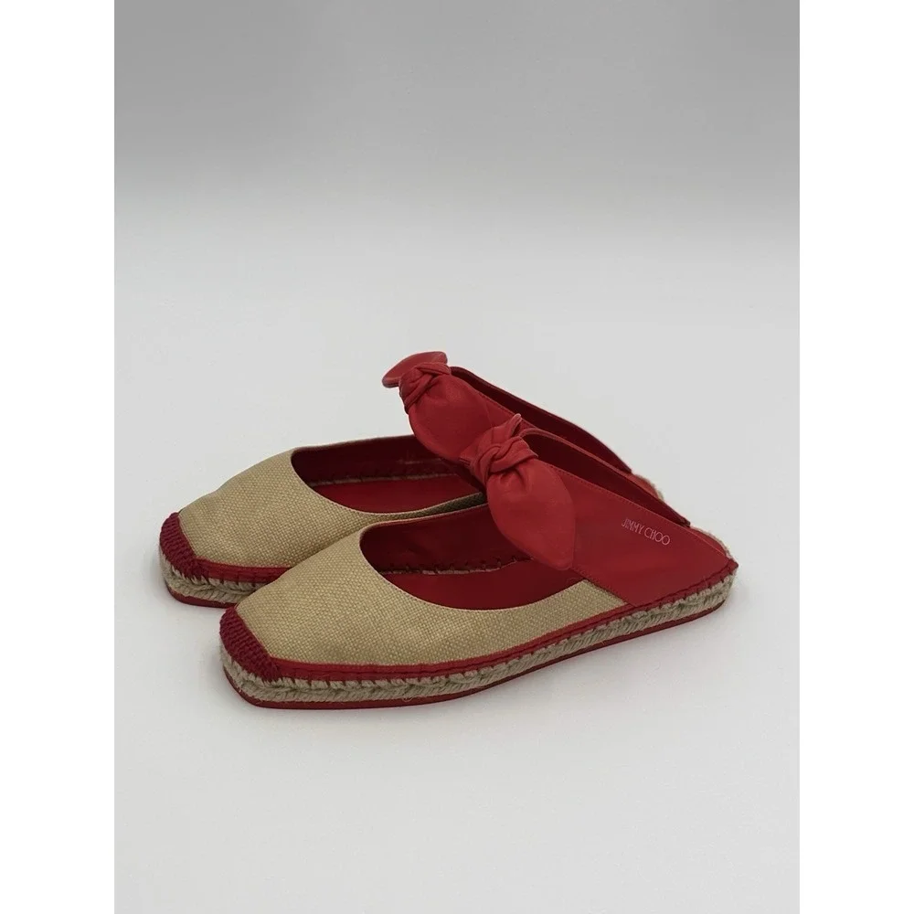 Jimmy Choo Reka Red Leather Bow and Raffia espadrille Slides EU 37 Made In Spain